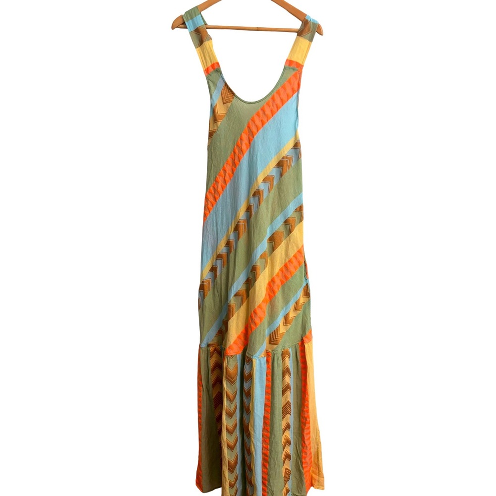 NEMA Resort Wear Geometric Tassel Open Back Maxi Dress Green Large Costal Boho